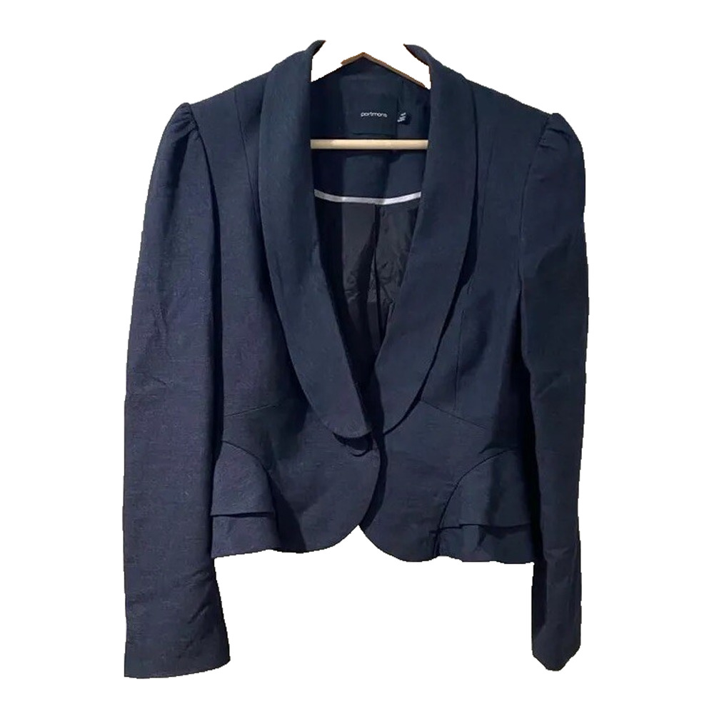 Portmans Womens Blazer Jacket Size 14 Cropped Black Long Sleeve Lining A001743